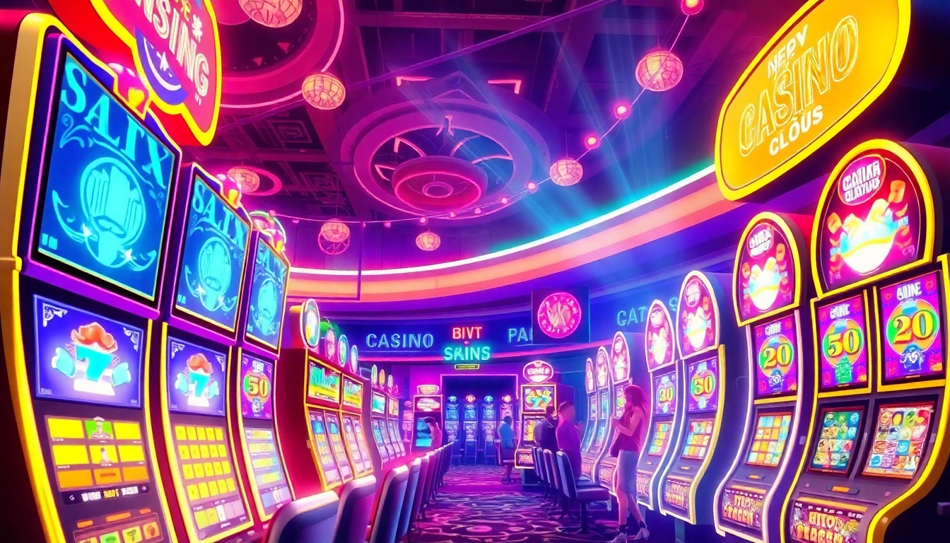 Players enjoyingเกมสล็อต at a lively casino with colorful slot machines and bright neon lights.