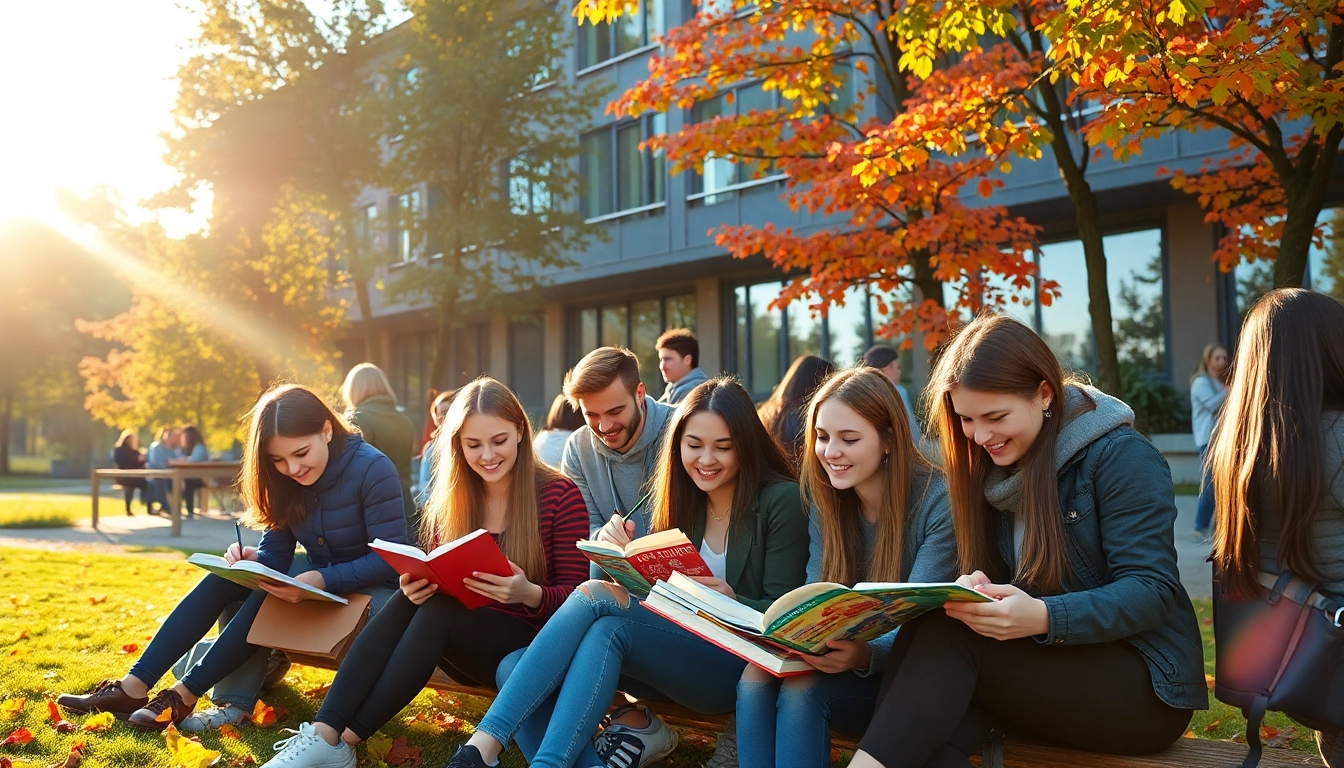 Students engaging in Polonya'da Üniversite Eğitimi outdoors, surrounded by autumn leaves and academic buildings.