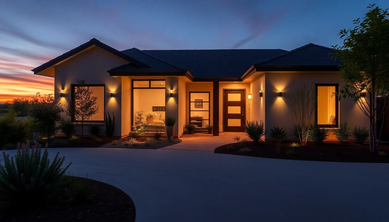 Modern house exterior representing New Home Construction near me in a warm sunset.