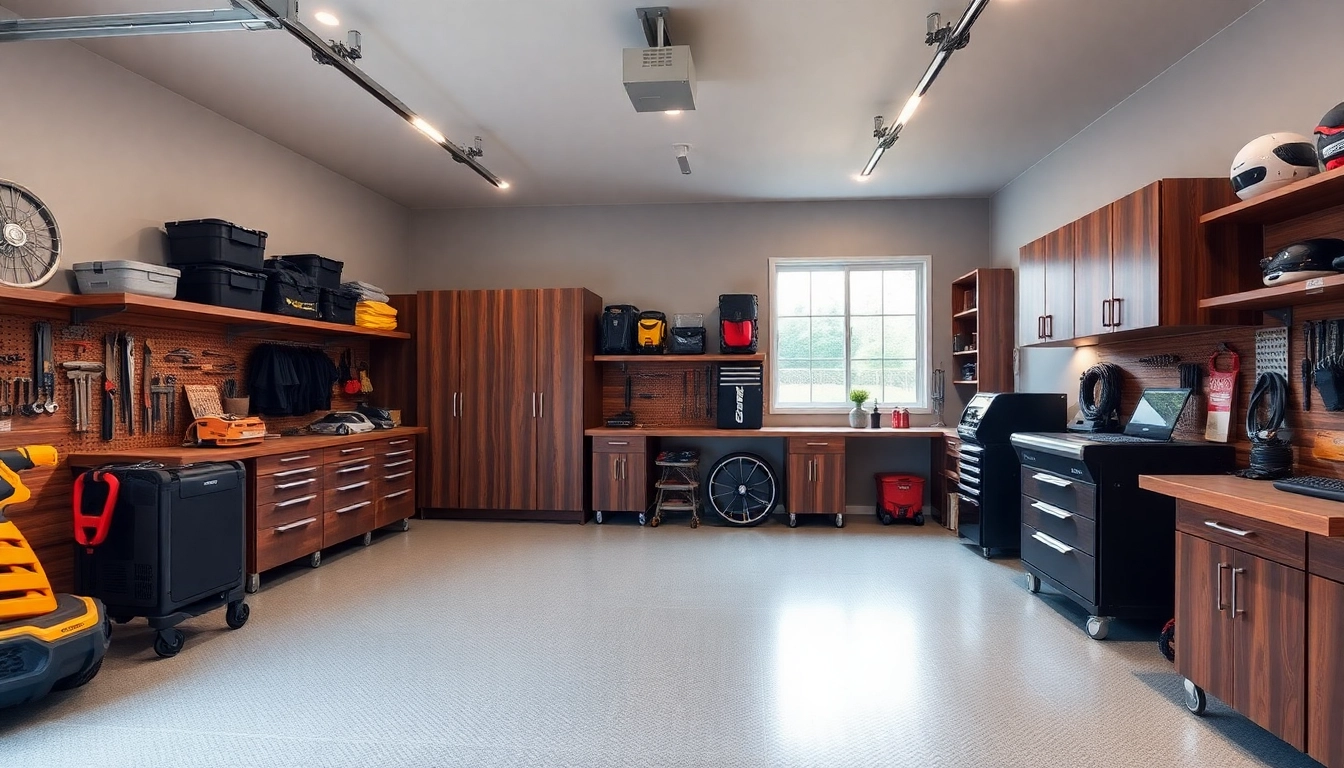 Craft a modern custom garages interior with innovative storage and inviting warm lighting for enhanced functionality.