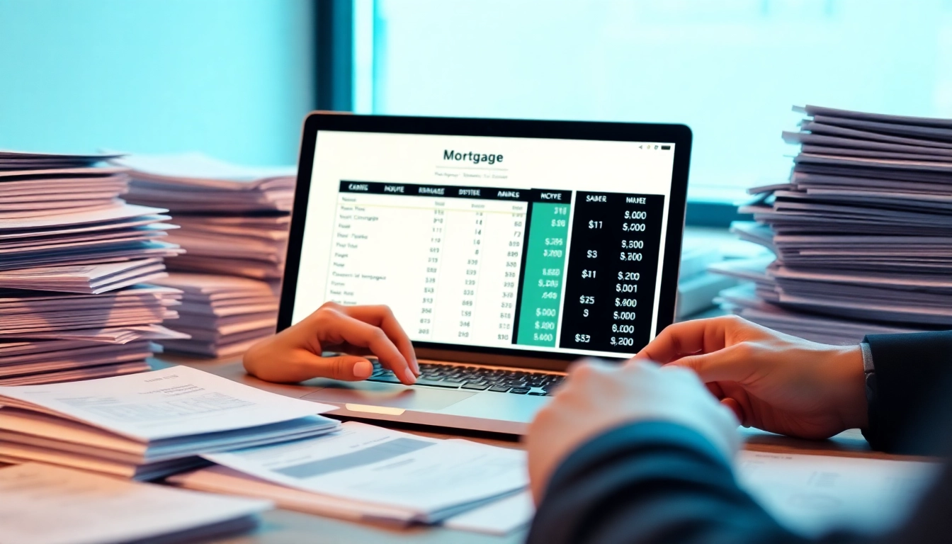 Illustrate the mortgage process for brokers with a dynamic scene showing a broker organizing documents and using a laptop.