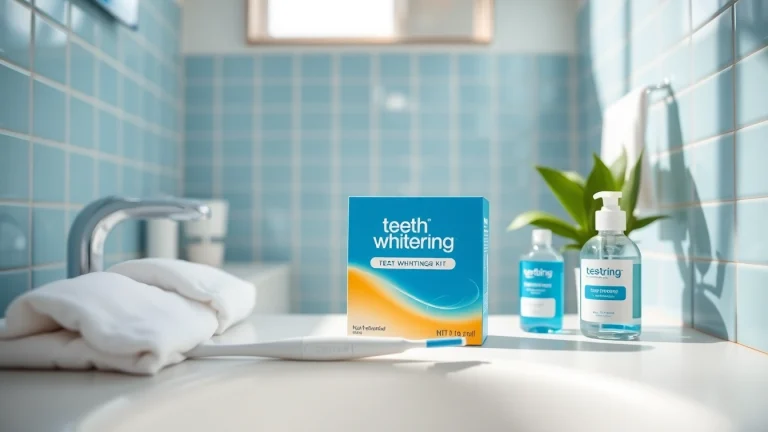 Brightly packaged teeth whitening kit displayed in a clean bathroom setting with dental care props.