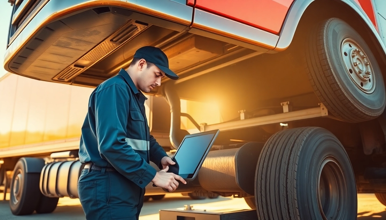 Mobile truck diagnostics and repair technician performing on-site repairs under a truck.