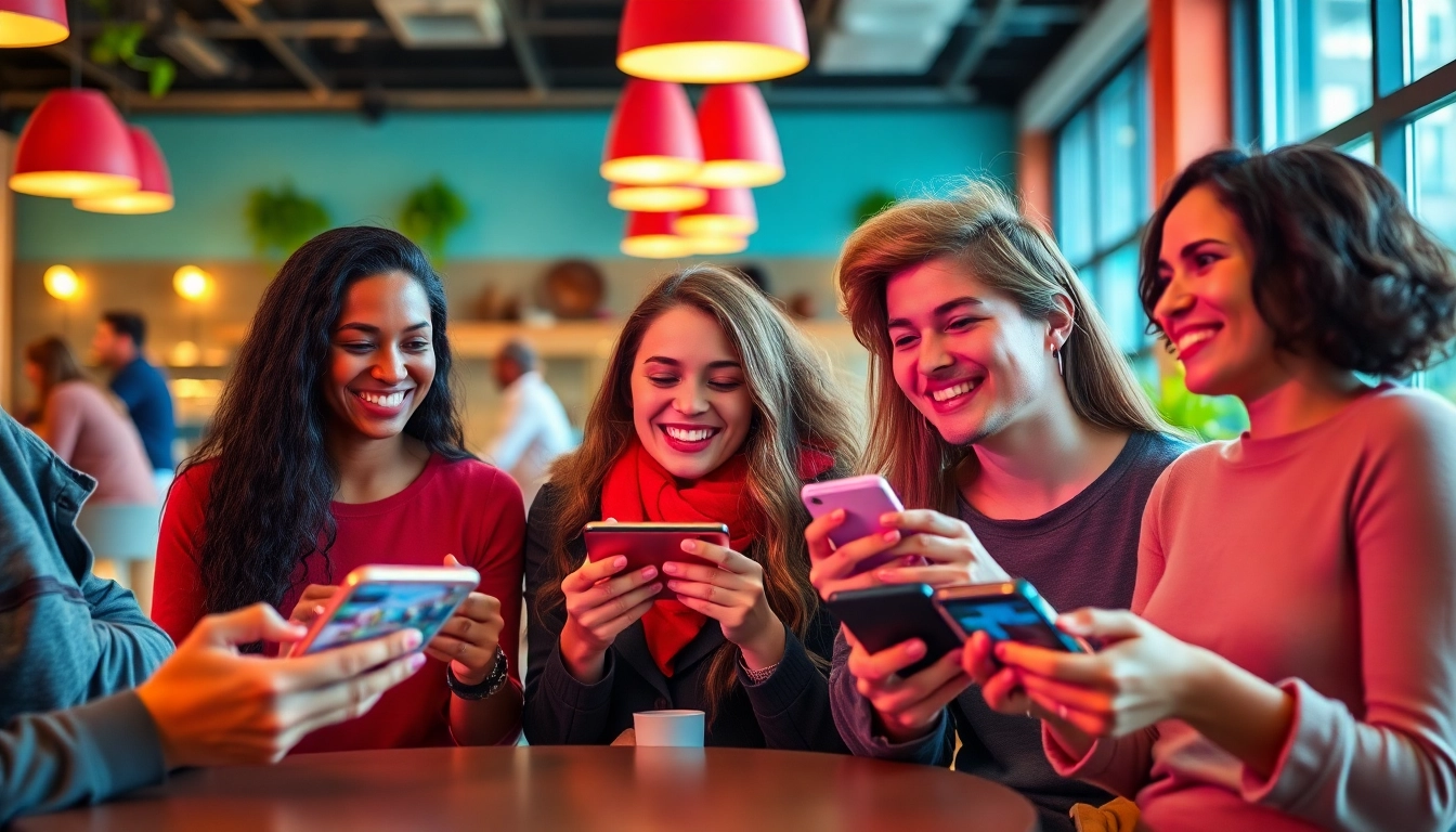 Players engaging in reward play on mobile devices in a vibrant café setting, showcasing gaming joy.