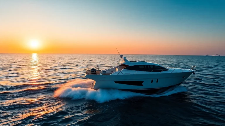 Experience a beautiful cabin cruiser gliding across serene waters at sunset, showcasing its luxurious design and inviting atmosphere.