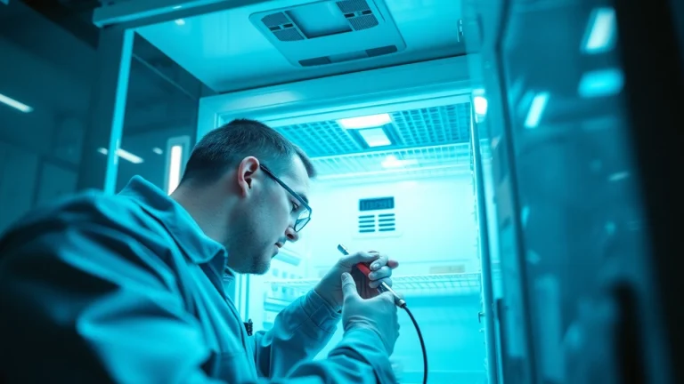 Technician performing walk in freezer repair using specialized tools and equipment for efficient service.