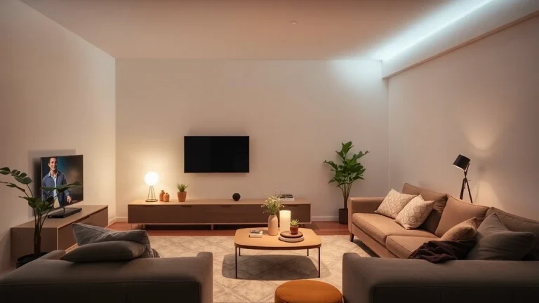 Showcasing best smart home gadgets in a modern living room setup with cozy lighting.