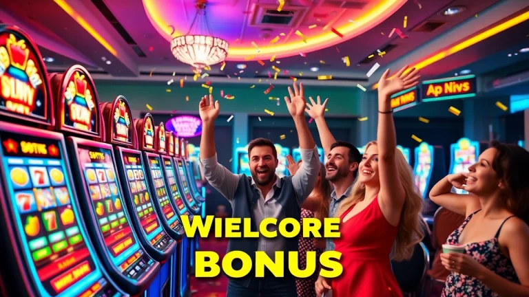 Celebrate a lucrative welcome bonus with players enjoying a festive online casino atmosphere.