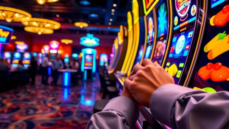 Bermain slot demo interaktif di mesin slot yang cerah dan berwarna-warni di kasino.