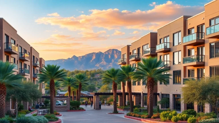 Find apartments for rent in Glendale AZ showcasing a modern complex with vibrant landscaping.