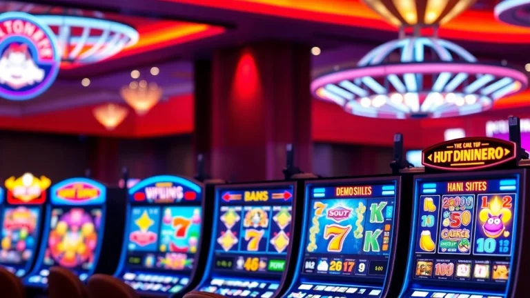 Slot demo dengan antarmuka permainan yang menarik dan mesin slot berwarna-warni.