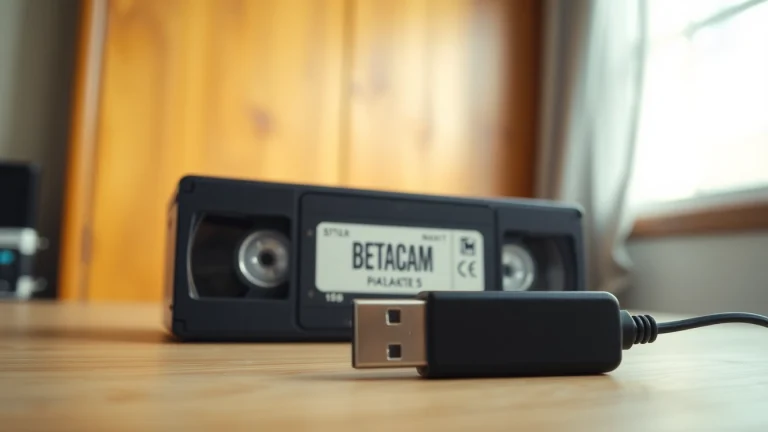 Transfer Betacam to Digital: An elegant scene of a Betacam tape next to a modern USB drive, symbolizing digital conversion.