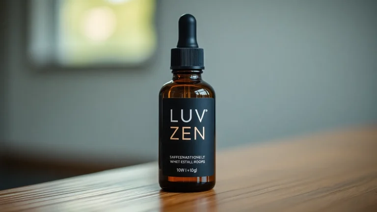 Presenting LUV Zen Drops bottle surrounded by natural elements for relaxation and stress relief.