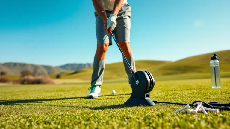 Golfer demonstrating a golf swing training aid to improve technique and performance.