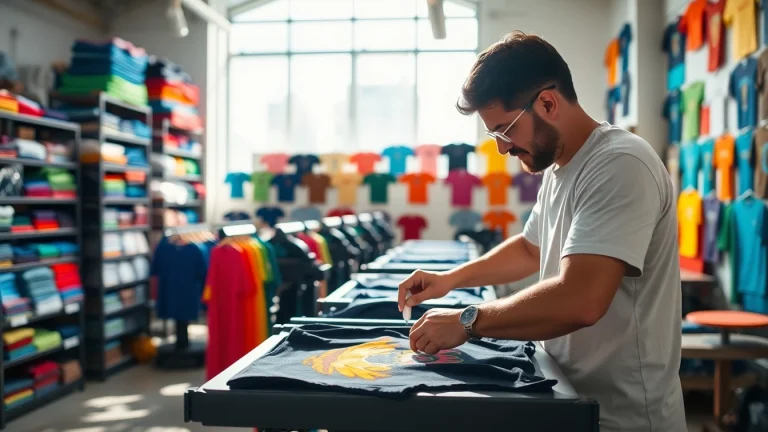 Explore custom t shirt printing edmonton with vibrant designs and professional printing techniques in a modern workshop.