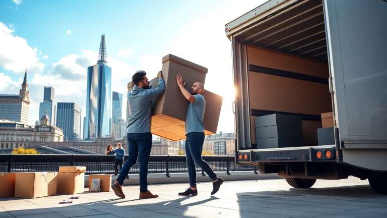 Efficient movers providing moving services London, skillfully handling a sofa in a bustling city environment.