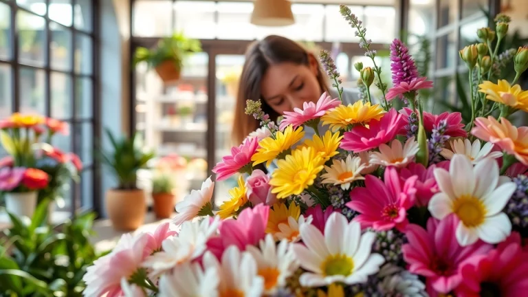 Vibrant bouquet showcased by a Huntington Beach florist in a sunlit storefront.