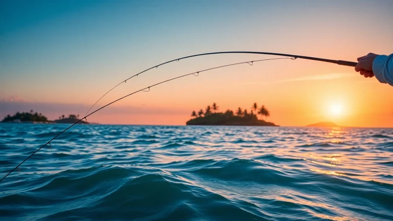 Engaging in saltwater fly fishing, an angler casts a line towards tropical waves at sunset.