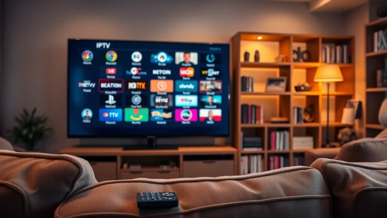 Experience the 24h IPTV test in a cozy living room setting with a variety of channels displayed.