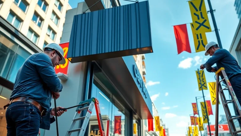 Experience expert sign installation by a skilled team in a vibrant urban landscape.