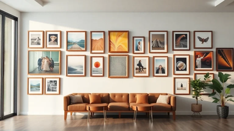 Large frames elegantly displaying diverse artworks in a stylish gallery setting with natural lighting.