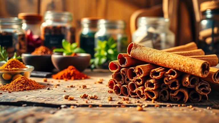Cinnamon Bark showcased with herbs and spices on a rustic wooden surface, evoking rich flavors.
