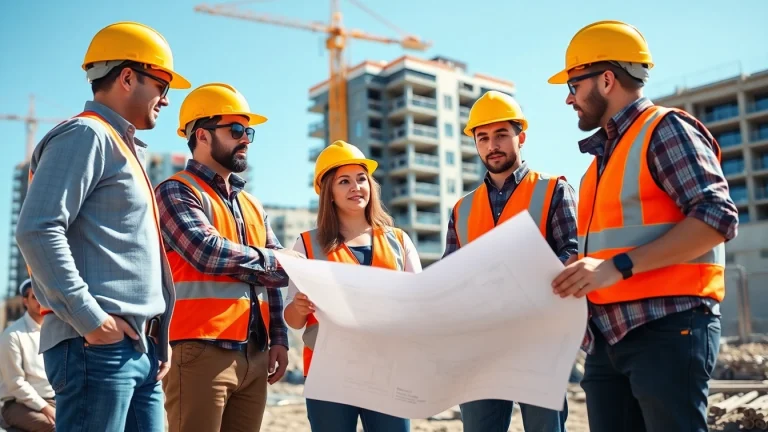Contractors at work discussing plans for a project with Southern California Contractors Association visibility.
