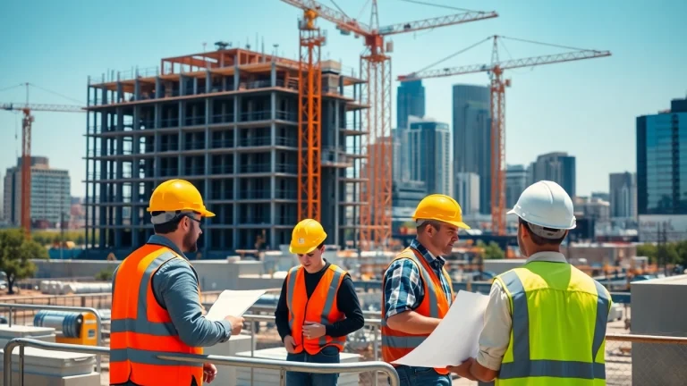 Workers engaged in austin construction project, showcasing teamwork and urban development.