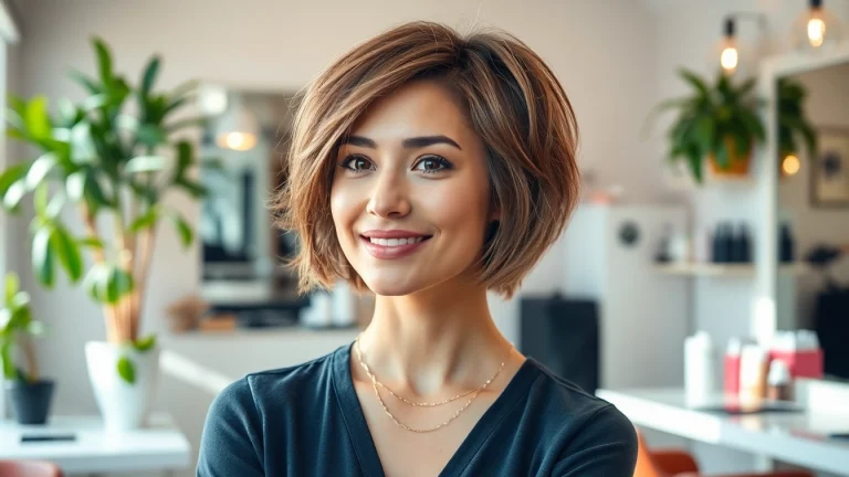 Model showcasing stylish haircuts for fine hair with a chic textured bob in a salon.