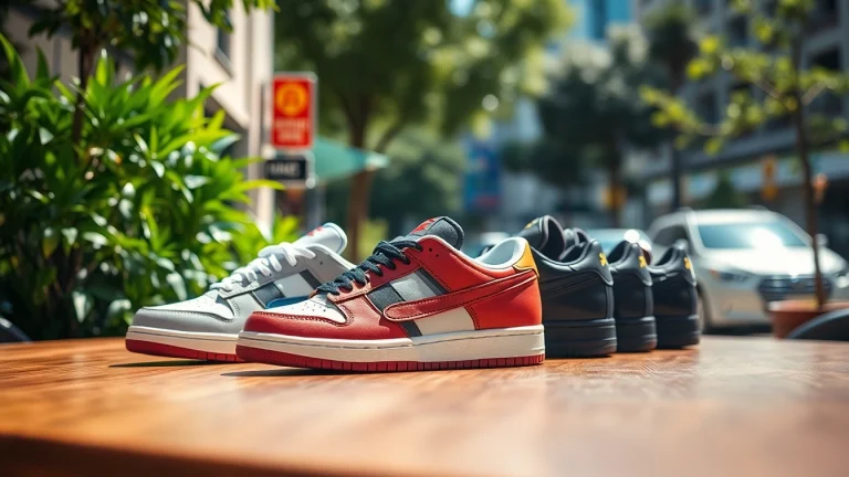 Showcase high quality rep sneakers beautifully arranged in a trendy urban setting with vibrant colors.