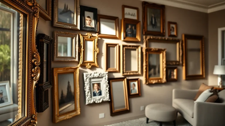 Showcase of ornate picture frames highlighting intricate designs in a stylish living room setting.