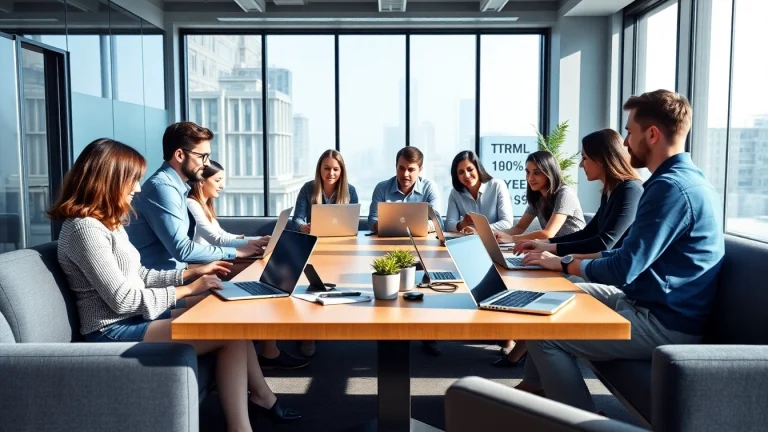 Engaged team at a startup fractional agency collaborating effectively in a modern office.
