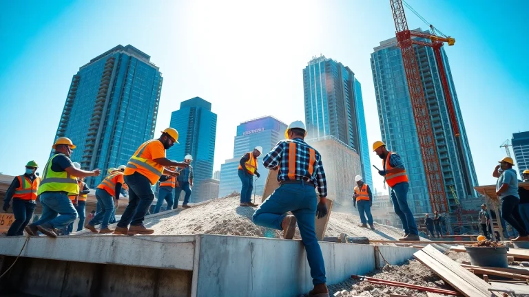 Austin construction site showcasing teamwork on a large building project amidst city skyline.