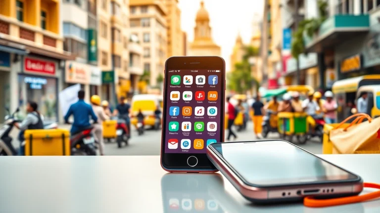 View of successful delivery apps in Lagos highlighted on a smartphone amidst a lively street scene.