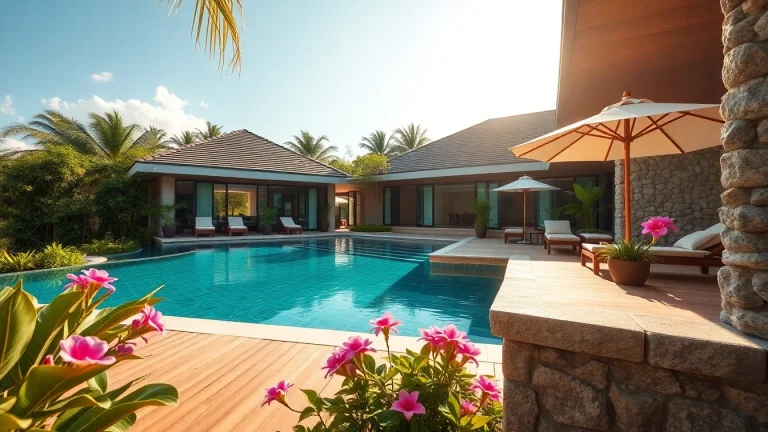 Experience luxury villa rentals in Phuket with a serene poolside view and tropical ambiance.