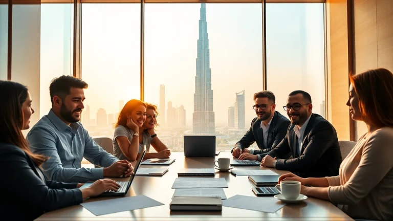 Engaged professionals discussing trademark registration in Dubai, featuring Dubai skyline.