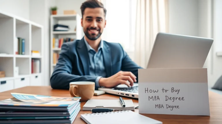 Learn how to buy MBA degree in a professional home office setting with brochures and a laptop.