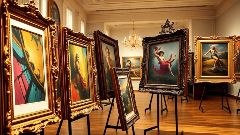 Showcasing ornate picture frames in an elegant gallery setting with intricate designs and vibrant artworks.