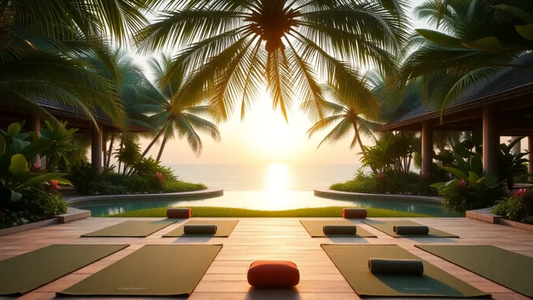 Participants practicing yoga at a wellness retreat in Florida amidst serene tropical surroundings.