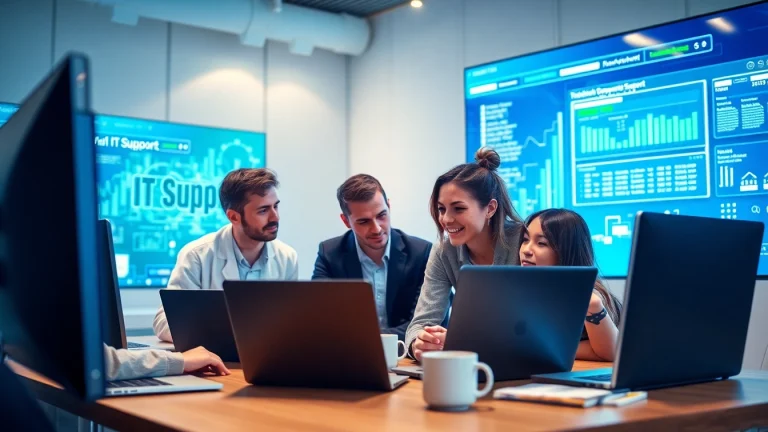 Calgary IT support team collaborating in a modern office setting, showcasing expertise and teamwork.