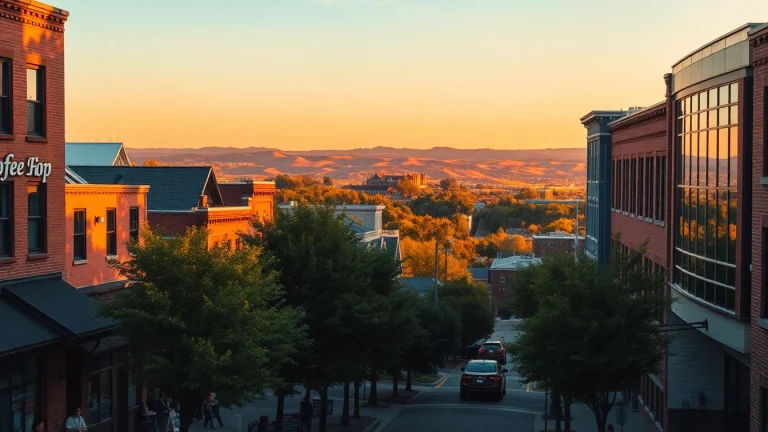 Experience Clarksburg's charming skyline at sunset with a bustling coffee shop scene.