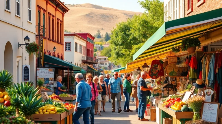 Clarksburg local market bustling with vendors and colorful crafts.