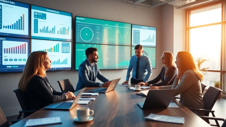 Conducting competitor analysis with a professional team in a modern office environment.