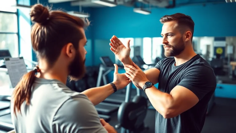 Engaging gym training consultation showcasing a trainer teaching exercise techniques.