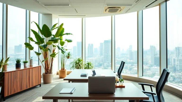 Find a vibrant commercial space for rent in Bangalore featuring modern office setup and skyline view.