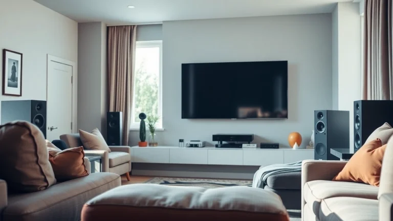 Find expert home theater installation near me with quality audio-visual setup in a cozy living room.