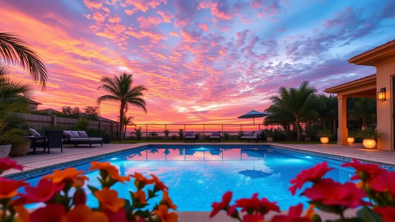 Stunning swimming pool installation showcasing a luxurious backyard atmosphere with vibrant flowers.