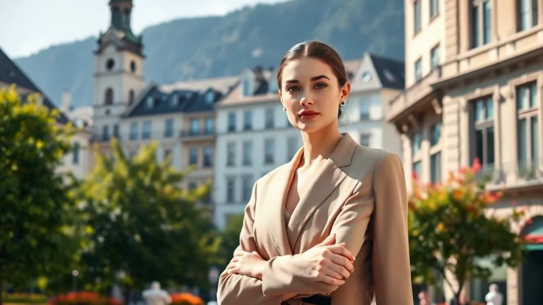 Model Zurich posiert professionell in elegantem Outfit vor Zürcher Architektur.