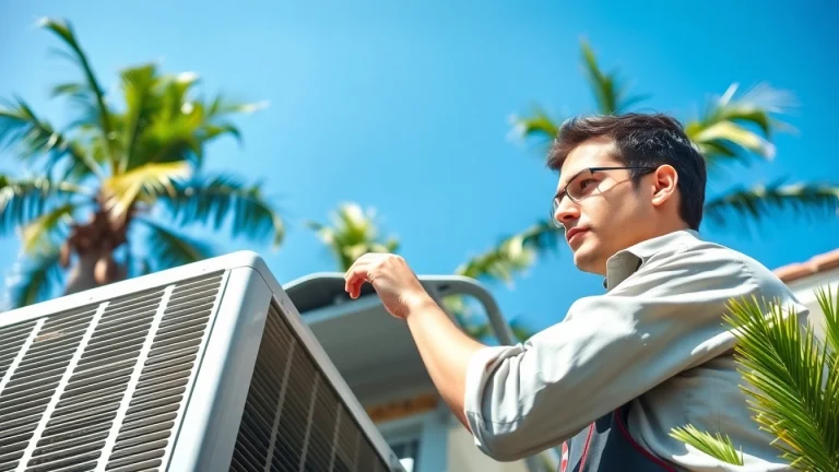 Providing HVAC services Los Angeles, a technician performs maintenance on an AC unit, showcasing professionalism.