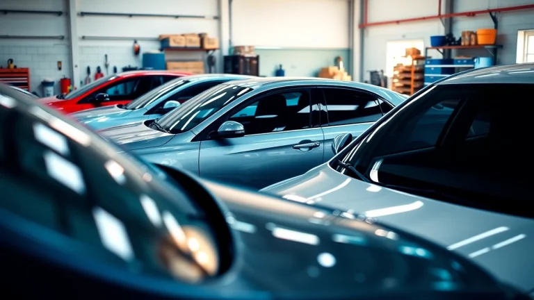 Find quality car tint near me with expertly finished vehicles in a modern garage setting.
